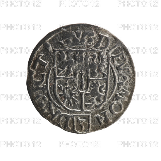 one and a half, Pfahler, Ernest, cross (iconographic), George William Hohenzollern (Elector of Brandenburg; Duke of Prussia; 1620–1640), orb of reign (iconographic), coats of arms. Obv.: Royal orb with a cross with arms terminating in finials. In the lower part of the orb, value numerals Z4. On the sides of the cross, date numerals ZZ. On the rim between the borders, an inscription divided by a cross .GE WI.M.AR.BR.SR.IELPD. Rev.: Under the ducal mitre, a five-field coat of arms; below in the shield, the value numeral 3. On the rim between the borders, an inscription divided by the mitre and the value numeral and terminated with the hallmark DIEV & MON - DROICT, 1622. Ducal Prussia (1525–1701), Königsberg. Coin: diameter 19.1 mm, weight 1.07 g, axis 45°.