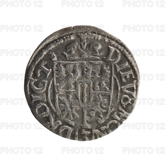 one and a half, cross (iconographic), George William Hohenzollern (Elector of Brandenburg; Duke of Prussia; 1620-1640), orb of reign (iconographic), coats of arms. Obv. Royal orb with a cross with arms terminating in finials. In the lower part of the orb, value numerals Z4. On the sides of the cross, date numerals ZZ. On the rim between the borders, an inscription divided by a cross .GEWI.M.AR.BRSR.IELPD. Rev. Under the ducal mitre, a five-field coat of arms; below in the shield, the value numeral 3. On the rim between the borders, an inscription divided by the mitre and the value numeral and terminated with the hallmark DIEV & MON - DROICT, 1622. Ducal Prussia (1525–1701), Königsberg, coin; diameter 19.2 mm, weight 0.92 g, axis 10 degrees.