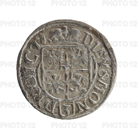 one and a half; Pfahler, Ernest; cross (iconographic); orb of rule (iconographic); George William Hohenzollern (Elector of Brandenburg; Duke of Prussia; 1620–1640); coats of arms. Obv.: Royal orb with a cross with arms terminating in finials. In the lower part of the orb, value numerals Z4. On the sides of the cross, date numerals ZZ. On the rim between the borders, an inscription divided by a cross: .GE.WI.M.AR.BR.SRIE.L.PD. Rev.: Under the ducal mitre, a five-field coat of arms; below in the shield the value numeral 3. On the rim between the borders, an inscription divided by the mitre and the value numeral and terminated with the hallmark DIEV & MON - DROICT, 1622. Ducal Prussia (1525–1701), Königsberg; coin. Diameter 20.0 mm; weight 1.02 g; axis 180 degrees.