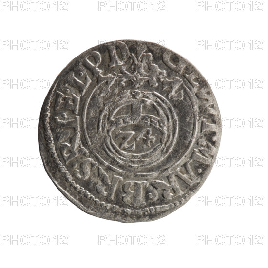 one and a half, Pfahler, Ernest, cross (iconographic), orb of rule (iconographic), George William Hohenzollern (Elector of Brandenburg; Duke of Prussia; 1620-1640), coats of arms. Obv.: royal orb with a cross with arms terminating in finials; in the lower part of the orb, value numerals Z4; on the sides of the cross, date numerals ZZ; on the rim between the borders, an inscription divided by a cross: .M.AR.BRSRIELPD. Rev.: under the ducal mitre, a five-field coat of arms, below in the shield the value numeral 3; on the rim between the borders, an inscription divided by the mitre and the value numeral and terminating with the hallmark DIEV & MON - DROICT, 1622. Ducal Prussia (1525–1701), Königsberg; coin; diameter 19.0 mm; weight 0.94 g; axis 315 degrees.