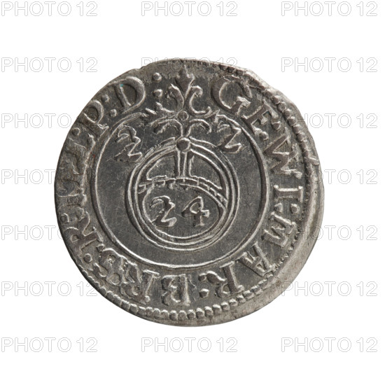 one and a half, Pfahler, Ernest, cross (iconographic), George William Hohenzollern (Elector of Brandenburg; Duke of Prussia; 1620-1640), orb of rule (iconographic), coats of arms. Obv. Royal orb with a cross with arms terminating in finials. In the lower part of the orb the value numerals Z4. On the sides of the cross the date numerals ZZ. In the rim between the borders an inscription divided by a cross GE:WI:MAR:BR,:R:I,P:D: Rw. Under the ducal mitre a five-field coat of arms; below in the shield a value numeral 3. In the rim between the borders an inscription separated by the mitre and the value numeral and ending with the hallmark DIEV & MON - DROICT, 1622. Ducal Prussia (1525–1701), Königsberg; coin. Diameter 19.6 mm, weight 1.22 g, axis 0 degrees.