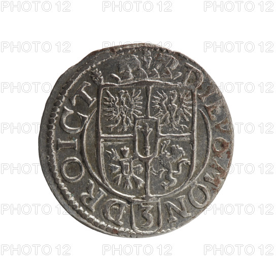 one and a half, cross (iconographic), George William Hohenzollern (Elector of Brandenburg; Duke of Prussia; 1620-1640), orb of rule (iconographic), coats of arms. Obv. Royal orb with a cross with arms terminating in finials. In the lower part of the orb the value numerals Z4. On the sides of the cross the date numerals ZZ. In the rim between the borders an inscription divided by a cross GE:WI:MAR:BR, :R:I, P:D: Rw. Under the ducal mitre a five-field coat of arms, below in the shield a value numeral 3. In the rim between the borders an inscription separated by the mitre and the value numeral and ending with the hallmark DIEV & MON - DROICT, 1622. Ducal Prussia (1525-1701), Königsberg, coin; diameter 19.6 mm, weight 1.22 g, axis 0 degrees.
