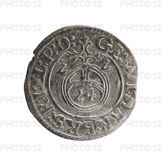 one and a half, cross (iconographic), George William Hohenzollern (Elector of Brandenburg; Duke of Prussia; 1620-1640), orb of rule (iconographic), coats of arms. Obverse: Royal orb with a cross with arms terminating in finials. In the lower part of the orb the value numerals Z4. On the sides of the cross the date numerals ZZ. In the rim between the borders an inscription divided by a cross GE:WI:MAR:BR:S:R:I:. Reverse: Under the ducal mitre a five-field coat of arms; below in the shield a value numeral 3. In the rim between the borders an inscription separated by the mitre and the value numeral and ending with the hallmark DIE, MON - DROICT, 1622. Ducal Prussia (1525-1701), Königsberg. Coin: diameter 19.5 mm, weight 0.90 g, axis 0°.