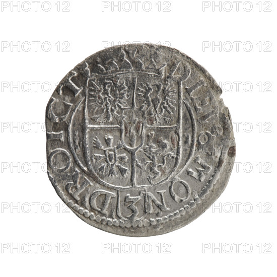One and a half, Pfahler, Ernest; coin (Ducal Prussia, Königsberg), 1622. Obverse: royal orb with a cross whose arms terminate in finials; lower part of orb shows value numerals 'Z4'; date numerals 'ZZ' on sides of the cross; rim inscription divided by a cross: 'GE:WI:MAR:BR:S:R:I:'. Reverse: under a ducal mitre a five-field coat of arms with a value numeral '3' in the lower shield; rim inscription separated by the mitre and the value numeral ending with the hallmark 'DIE, MON - DROICT'. Iconography: cross, orb of rule, coats of arms; ruler: George William Hohenzollern (Elector of Brandenburg; Duke of Prussia; 1620–1640). Coin: diameter 19.5 mm, weight 0.90 g, axis 0°.