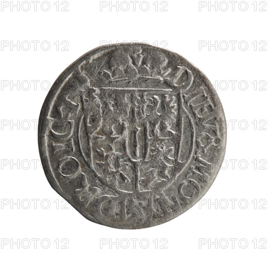 one and a half; maker: Ernest Pfahler. Coin (Königsberg, Ducal Prussia, 1622). Obverse: Royal orb with a cross with arms terminating in finials; lower part of orb shows value numerals Z4; on sides of cross date numerals ZZ; rim between borders bears inscription divided by a cross: .GE.WI.M.AR.BR.SR.IELPD. Reverse: Under ducal mitre, a five-field coat of arms; below in the shield the value numeral 3; rim between borders bears an inscription divided by the mitre and the value numeral and terminated with the hallmark DIE, & MO, DROICT, 1622. Axis 45 degrees; diameter 19.3 mm; weight 1.00 g.