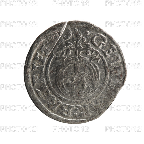One and a half; Pfahler, Ernest. Cross (iconographic). George William Hohenzollern (Elector of Brandenburg; Duke of Prussia; 1620–1640). Orb of rule (iconographic). Coats of arms. Obverse: royal orb with a cross whose arms terminate in finials; lower part of the orb bears value numerals Z4; date numerals ZZ flank the cross. Rim between borders bears an inscription divided by a cross .GE:, RI:E, Rw. Under the ducal mitre a five-field coat of arms with a value numeral 3 in the lower shield; rim between borders shows an inscription separated by the mitre and the value numeral and ending with the hallmark DIE, ON - DROICT, 1622. Ducal Prussia (1525–1701), Königsberg. Coin: diameter 19.9 mm, weight 0.91 g, axis 135°.