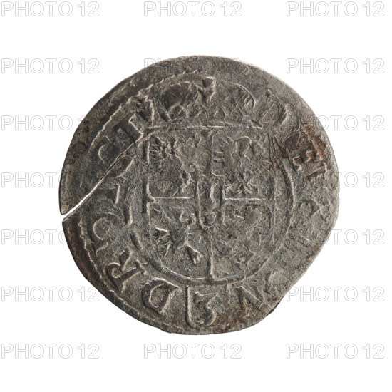 one and a half, cross (iconographic), George William Hohenzollern (Elector of Brandenburg; Duke of Prussia; 1620–1640), orb of rule (iconographic), coats of arms. Obverse: Royal orb with a cross with arms terminating in finials; in the lower part of the orb the value numerals Z4; on the sides of the cross the date numerals ZZ; in the rim between the borders an inscription divided by a cross .GE:, RI:E, Rw. Reverse: Under the ducal mitre a five-field coat of arms, below in the shield a value numeral 3; in the rim between the borders an inscription separated by the mitre and the value numeral and ending with the hallmark DIE, ON - DROICT, 1622. Ducal Prussia (1525–1701), Königsberg; coin; diameter 19.9 mm; weight 0.91 g; axis 135 degrees.