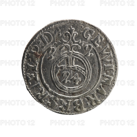 one and a half, Pfahler, Ernest, cross (iconographic), George William Hohenzollern (Elector of Brandenburg; Duke of Prussia; 1620-1640), orb of reign (iconographic), coats of arms. Obv. Royal orb with a cross with arms terminating in finials. In the lower part of the orb, value numerals Z4. On the sides of the cross, date numerals ZZ. On the rim between the borders, an inscription divided by a cross .GE:WI:MAR:BR:SR I.EL:P:D:. Rv. Under the ducal mitre, a five-field coat of arms; below in the shield, the value numeral 3. On the rim between the borders, an inscription divided by the mitre and the value numeral and terminated with the hallmark DIEV & MON - DROICT, 1622, Königsberg, Ducal Prussia (1525-1701), coin; diameter 19.5 mm; weight 0.99 g; axis 10 degrees