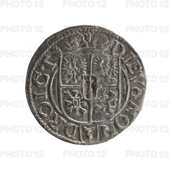 one and a half, cross (iconographic), George William Hohenzollern (Elector of Brandenburg; Duke of Prussia; 1620-1640), orb of reign (iconographic), coats of arms. Obv.: Royal orb with a cross with arms terminating in finials; in the lower part of the orb, value numerals Z4; on the sides of the cross, date numerals ZZ; on the rim between the borders, an inscription divided by a cross .GE:WI:MAR:BR:SR I.EL:P:D:. Rev.: Under the ducal mitre, a five-field coat of arms; below in the shield, the value numeral 3; on the rim between the borders, an inscription divided by the mitre and the value numeral and terminated with the hallmark DIEV & MON - DROICT, 1622. Königsberg, Ducal Prussia (1525–1701). Coin; diameter 19.5 mm; weight 0.99 g; axis 10°