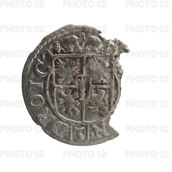 one and a half, cross (iconographic), George William Hohenzollern (Elector of Brandenburg; Duke of Prussia; 1620–1640), orb of rule (iconographic), coats of arms. Obv.: Royal orb with a cross with arms terminating in finials. In the lower part of the orb the value numerals Z4. On the sides of the cross the date numerals ZZ. In the rim between the borders an inscription divided by a cross: GE:WI:, BR:SR, E:, PD: Rw. Under the ducal mitre a five-field coat of arms; below in the shield a value numeral 3. In the rim between the borders an inscription separated by the mitre and the value numeral and ending with the hallmark DIEV & MON - DROICT, 1622. Königsberg, Ducal Prussia (1525–1701). Coin; diameter 19.9 mm; weight 0.88 g; axis 90 degrees.