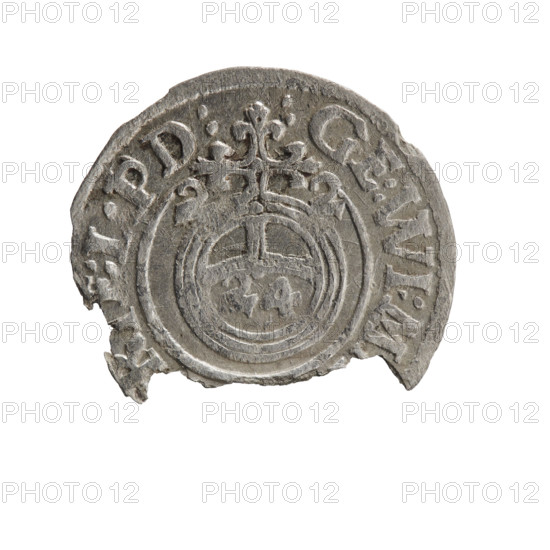 one and a half, Pfahler, Ernest, cross (iconographic), George William Hohenzollern (Elector of Brandenburg; Duke of Prussia; 1620–1640), orb of rule (iconographic), coats of arms. Obverse: Royal orb with a cross whose arms terminate in finials. In the lower part of the orb the value numerals Z4. On the sides of the cross the date numerals ZZ. In the rim between the borders an inscription divided by a cross: GE:WI:, BR:SR, E:, PD: Rw. Under the ducal mitre a five-field coat of arms; below in the shield a value numeral 3. In the rim between the borders an inscription separated by the mitre and the value numeral and ending with the hallmark DIEV & MON - DROICT, 1622. Königsberg, Ducal Prussia (1525–1701). Coin; diameter 19.9 mm; weight 0.88 g; axis 90 degrees.