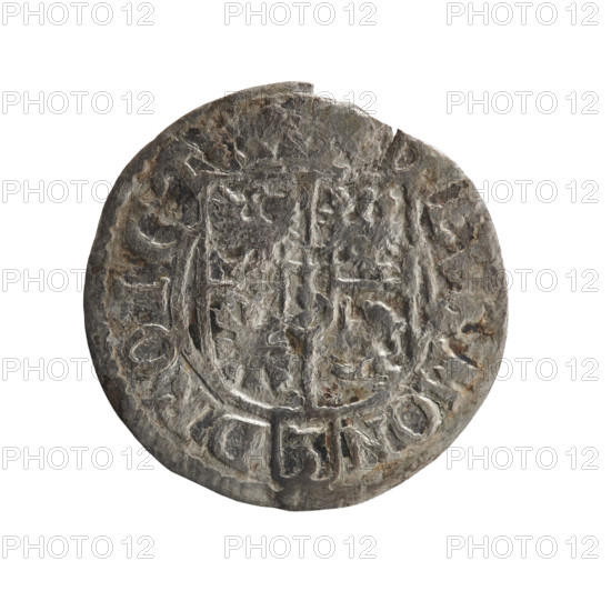 one and a half, Pfahler, Ernest, cross (iconographic), George William Hohenzollern (Elector of Brandenburg; Duke of Prussia; 1620-1640), orb of rule (iconographic), coats of arms. Obv. Royal orb with a cross with arms terminating in finials. In the lower part of the orb the value numerals Z4. On the sides of the cross the date numerals ZZ. In the rim between the borders an inscription divided by a cross, WI:MAR:BRSRIEL:P:D:. Rv. Under the ducal mitre, a five-field coat of arms, below in the shield a value numeral 3. In the rim between the borders, an inscription divided by the mitre and the value numeral and ending with a hallmark, MON - DROICT, 1622. Ducal Prussia (1525-1701), Königsberg; coin; diameter 19.5 mm; weight 0.78 g; axis 315 degrees.