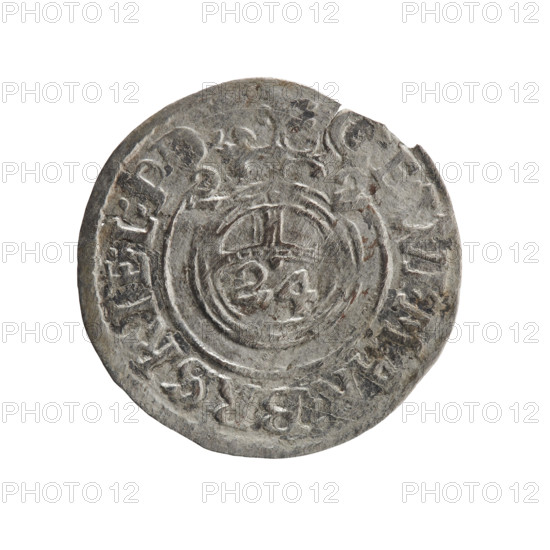 one and a half, cross (iconographic), George William Hohenzollern (Elector of Brandenburg; Duke of Prussia; 1620–1640), orb of rule (iconographic), coats of arms. Obverse: royal orb with a cross with arms terminating in finials; in the lower part of the orb the value numerals Z4; on the sides of the cross the date numerals ZZ; in the rim between the borders an inscription divided by a cross, WI:MAR:BRSRIEL:P:D:. Reverse: under the ducal mitre, a five-field coat of arms, below in the shield a value numeral 3; in the rim between the borders, an inscription divided by the mitre and the value numeral and ending with a hallmark, MON - DROICT, 1622. Ducal Prussia (1525–1701), Königsberg; coin; diameter 19.5 mm; weight 0.78 g; axis 315°.