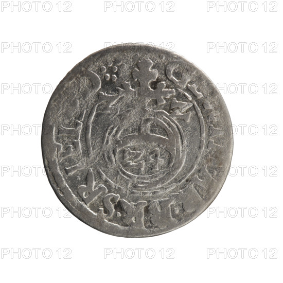 one and a half, cross (iconographic), George William Hohenzollern (Elector of Brandenburg; Duke of Prussia; 1620–1640), orb of reign (iconographic), coats of arms. Obv. Royal orb with a cross with arms terminating in finials. In the lower part of the orb the value numerals Z4. On the sides of the cross the date numerals ZZ. In the rim between the borders an inscription divided by a cross and terminating in a rosette .GEWIM.AR.BR.SR.IEL. Rev. Under the ducal mitre a five-field coat of arms; below in the shield a value numeral 3. In the rim between the borders an inscription separated by the mitre and the value numeral and ending with the hallmark, IE, - DROIC, 1622. Ducal Prussia (1525–1701), Königsberg; coin; diameter 19.0 mm; weight 1.03 g; axis 60 degrees.