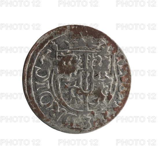 One and a half, Pfahler, Ernest, cross (iconographic), George William Hohenzollern (Elector of Brandenburg; Duke of Prussia; 1620–1640), orb of reign (iconographic), coats of arms. Obverse: Royal orb with a cross with arms terminating in finials. In the lower part of the orb the value numerals Z4. On the sides of the cross the date numerals ZZ. In the rim between the borders an inscription divided by a cross and terminating in a rosette: .GEWIM.AR.BR.SR.IEL. Reverse: Under the ducal mitre a five-field coat of arms; below in the shield a value numeral 3. In the rim between the borders an inscription separated by the mitre and the value numeral and ending with the hallmark, IE, - DROIC, 1622. Ducal Prussia (1525–1701), Königsberg; coin; diameter 19.0 mm; weight 1.03 g; axis 60 degrees.