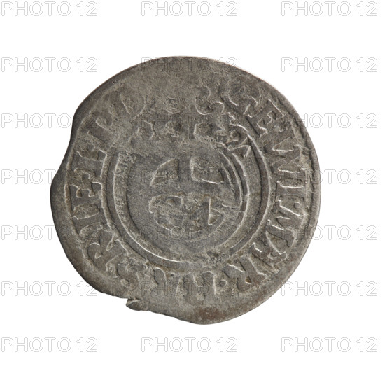 one and a half, Pfahler, Ernest, cross (iconographic), George William Hohenzollern (Elector of Brandenburg; Duke of Prussia; 1620-1640), orb of reign (iconographic), coats of arms. Obv. Royal orb with a cross with arms terminating in finials. In the lower part of the orb, value numerals Z4. On the sides of the cross, date numerals ZZ. On the rim between the borders, an inscription divided by a cross, E.WI.MAR.BR SRIE.L., Rw. Under the ducal mitre, a five-field coat of arms, below in the shield, the value numeral 3. On the rim between the borders, an inscription divided by the mitre and the value numeral and terminated with the hallmark DIEV & MON - DRDIC, 1622, Ducal Prussia (1525-1701), Königsberg, coin; diameter 19.5 mm, weight 1.10 g, axis 20 degrees