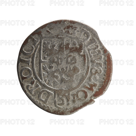 one and a half, Pfahler, Ernest, cross (iconographic), George William Hohenzollern (Elector of Brandenburg; Duke of Prussia; 1620–1640), orb of reign (iconographic), coats of arms. Obv.: Royal orb with a cross with arms terminating in finials. In the lower part of the orb, value numerals Z4. On the sides of the cross, date numerals ZZ. On the rim between the borders, an inscription divided by a cross, E.WI.MAR.BR SRIE.L. Rev.: Under the ducal mitre, a five-field coat of arms; below in the shield, the value numeral 3. On the rim between the borders, an inscription divided by the mitre and the value numeral and terminated with the hallmark DIEV & MON - DRDIC, 1622. Ducal Prussia (1525–1701), Königsberg, coin; diameter 19.5 mm, weight 1.10 g, axis 20°.