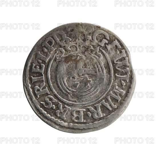 one and a half; cross (iconographic); George William Hohenzollern (Elector of Brandenburg; Duke of Prussia; 1620–1640); orb of reign (iconographic); coats of arms. Obverse: Royal orb with a cross with arms terminating in finials. In the lower part of the orb, value numerals Z4. On the sides of the cross, date numerals Z-3. In the rim between the borders, an inscription divided by a cross: GE.WI.MAR.BR.SRIE.L.PD. Reverse: Under the ducal mitre, a five-field coat of arms; below in the shield, the value numeral 3. In the rim between the borders, an inscription divided by the mitre and the value numeral and terminated with the hallmark DIEV & MON - DROICT, 1623. Ducal Prussia (1525–1701), Königsberg; coin. Diameter 19.9 mm, weight 0.99 g, axis 315°.