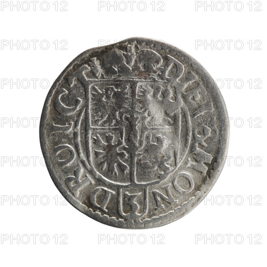 one and a half, cross (iconographic), George William Hohenzollern (Elector of Brandenburg; Duke of Prussia; 1620-1640), orb of reign (iconographic), coats of arms. Obverse: Royal orb with a cross with arms terminating in finials. In the lower part of the orb, value numerals Z4. On the sides of the cross, date numerals Z-3. In the rim between the borders, an inscription divided by a cross: GE.WI.MAR.BR.SRIE.L.PD. Reverse: Under the ducal mitre, a five-field coat of arms; below in the shield, the value numeral 3. In the rim between the borders, an inscription divided by the mitre and the value numeral and terminated with the hallmark DIEV & MON - DROICT, 1623. Ducal Prussia (1525–1701), Königsberg; coin. Diameter 19.9 mm, weight 0.99 g, axis 315°
