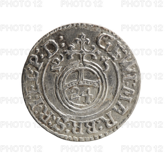 one and a half, Pfahler, Ernest, cross (iconographic), George William Hohenzollern (Elector of Brandenburg; Duke of Prussia; 1620–1640), orb of rule (iconographic), coats of arms. Obv. Royal orb with a cross with arms terminating in finials. In the lower part of the orb the value numerals Z4. On the sides of the cross the date numerals Z-3. In the rim between the borders an inscription divided by a cross GE:WI:MAR:BR:S:R:I:EL:P:D:. Rv. Under the ducal mitre a five-field coat of arms; below in the shield a value numeral 3. In the rim between the borders an inscription separated by the mitre and the value numeral and ending with the hallmark DIEV & MON - DROICT, 1623. Ducal Prussia (1525–1701), Königsberg, coin: diameter 19.8 mm, weight 1.04 g, axis 0°.