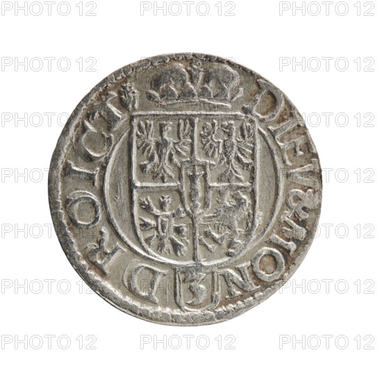 one and a half, Pfahler, Ernest, cross (iconographic), George William Hohenzollern (Elector of Brandenburg; Duke of Prussia; 1620-1640), orb of rule (iconographic), coats of arms. Obv.: Royal orb with a cross with arms terminating in finials. In the lower part of the orb the value numerals Z4. On the sides of the cross the date numerals Z-3. In the rim between the borders an inscription divided by a cross GE:WI:MAR:BR:S:R:I:EL:P:D:. Rev.: Under the ducal mitre a five-field coat of arms; below in the shield a value numeral 3. In the rim between the borders an inscription separated by the mitre and the value numeral and ending with the hallmark DIEV & MON - DROICT, 1623. Ducal Prussia (1525-1701), Königsberg; coin. Diameter 19.8 mm, weight 1.04 g, axis 0°.