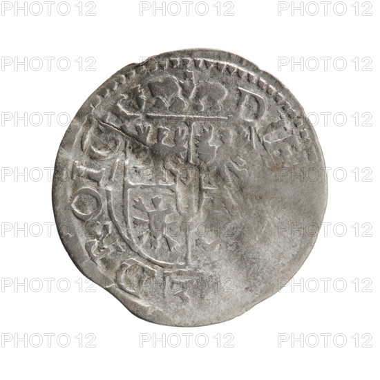 one-and-a-half, George William Hohenzollern (Elector of Brandenburg; Duke of Prussia; 1620-1640), cross (iconographic), orb of rule (iconographic), coats of arms. Obverse: Royal orb with a cross with arms terminating in finials; in the lower part of the orb, value numerals Z4; on the sides of the cross, date numerals Z-3; in the rim between the borders, an inscription divided by a cross .GE.WI.MAR.B, PD. Reverse: Under the ducal mitre a five-field coat of arms, below in the shield a value numeral 3; in the rim between the borders an inscription separated by the mitre and the value numeral and ending with the hallmark DI, DROICT, 1623. Ducal Prussia (1525–1701), Königsberg; coin; diameter 20.0 mm; weight 0.83 g; axis 315 degrees.