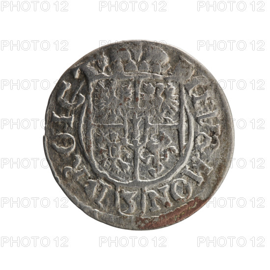 One and a half (value). Maker: Ernest Pfahler. Type: coin (Ducal Prussia, Königsberg), 1622. Diameter 19.8 mm; weight 0.98 g; axis 10°. Obverse: royal orb with a cross whose arms terminate in finials; lower part of the orb shows value numerals 'Z4'; date numerals on the sides of the cross 'ZZ'; rim inscription divided by a cross: 'GE:WI:MAR:BR:SRIE:L:PD:'. Reverse: under a ducal mitre, a five-field coat of arms with the value numeral '3' in the lower part of the shield; rim inscription divided by the mitre and the value numeral and terminated with the hallmark: 'IEV & MON - DROICT'. Iconography: cross, orb of reign, coats of arms. Associated ruler: George William Hohenzollern (Elector of Brandenburg; Duke of Prussia; 1620–1640).