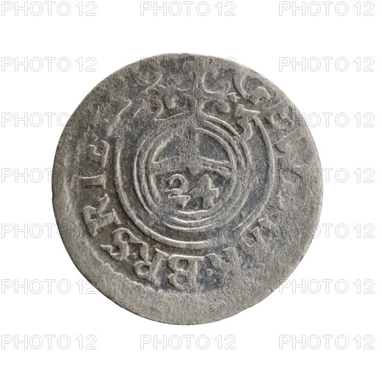 One and a half, Pfahler, Ernest, cross (iconographic), orb of rule (iconographic), George William Hohenzollern (Elector of Brandenburg; Duke of Prussia; 1620–1640), coats of arms. Obv.: royal orb with a cross with arms terminating in finials; in the lower part of the orb the value numerals Z4; on the sides of the cross the date numerals Z-3; in the rim between the borders an inscription divided by a cross GE.W .BR.SRIE. Rw. Under the ducal mitre, a five-field coat of arms, below in the shield a value numeral 3; in the rim between the borders an inscription divided by the mitre and the value numeral and ending with the hallmark DIE, OICT, 1623. Ducal Prussia (1525–1701), Königsberg. Coin: diameter 19.4 mm, weight 1.07 g, axis 80°.