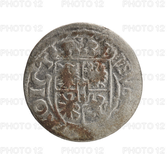 one and a half, cross (iconographic), orb of rule (iconographic), George William Hohenzollern (Elector of Brandenburg; Duke of Prussia; 1620-1640), coats of arms. Obv.: Royal orb with a cross with arms terminating in finials. In the lower part of the orb the value numerals Z4. On the sides of the cross the date numerals Z-3. In the rim between the borders an inscription divided by a cross GE.W, .BR.SRIE., Rw. Under the ducal mitre, a five-field coat of arms; below in the shield a value numeral 3. In the rim between the borders, an inscription divided by the mitre and the value numeral and ending with the hallmark DIE, OICT, 1623. Ducal Prussia (1525-1701), Königsberg. Coin: diameter 19.4 mm, weight 1.07 g, axis 80 degrees.