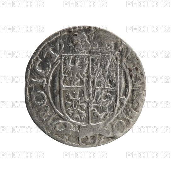 one and a half, cross (iconographic), George William Hohenzollern (Elector of Brandenburg; Duke of Prussia; 1620-1640), orb of rule (iconographic), coats of arms. Obv. Royal orb with a cross with arms terminating in finials. In the lower part of the orb the value numerals Z4. On the sides of the cross the date numerals Z-3. In the rim between the borders an inscription divided by a cross GE:WI:MAR:BR:S:R:I:EL:P:D:. Rv. Under the ducal mitre a five-field coat of arms; below in the shield a value numeral 3. In the rim between the borders an inscription separated by the mitre and the value numeral and ending with the hallmark, EV, MO, ROICT, 1623. Ducal Prussia (1525-1701), Königsberg, coin: diameter 19.8 mm, weight 0.93 g, axis 0 degrees.