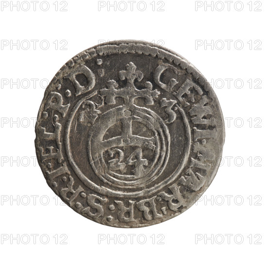one and a half, Pfahler, Ernest, George William Hohenzollern (Elector of Brandenburg; Duke of Prussia; 1620-1640), cross (iconographic), orb of rule (iconographic), coats of arms, Obv. Royal orb with a cross with arms terminating in finials. In the lower part of the orb, value numerals Z4. On the sides of the cross, date numerals Z-3. In the rim between the borders, an inscription divided by a cross GEWI:MAR:BR:S:R:I:EL:P:D:. Rv. Under the ducal mitre, a five-field coat of arms; below in the shield the value numeral 3. In the rim between the borders, an inscription divided by the mitre and the value numeral and terminated with the hallmark DIEV & MON - DROICT, 1623. Ducal Prussia (1525–1701), Königsberg; coin; diameter 19.8 mm; weight 0.92 g; axis 0°