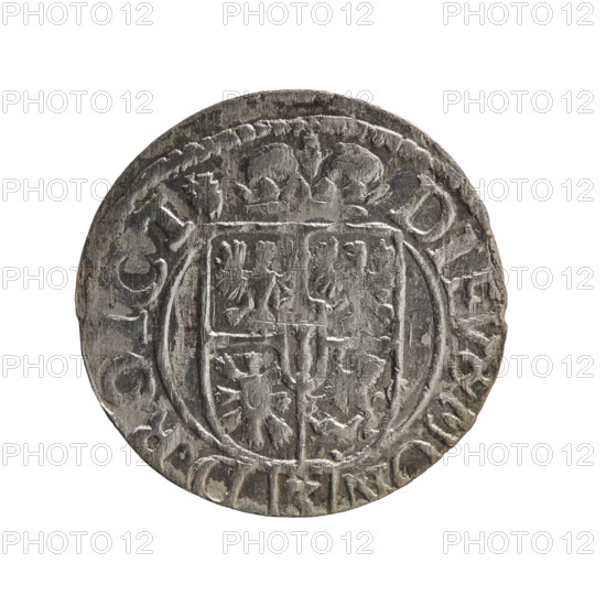 one and a half, George William Hohenzollern (Elector of Brandenburg; Duke of Prussia; 1620–1640), cross (iconographic), orb of rule (iconographic), coats of arms. Obv.: Royal orb with a cross with arms terminating in finials; lower part of the orb with value numerals Z4; on the sides of the cross, date numerals Z-3; rim between borders with inscription divided by a cross GEWI:MAR:BR:S:R:I:EL:P:D:. Rev.: Under the ducal mitre, a five-field coat of arms, below in the shield the value numeral 3; rim between borders with an inscription divided by the mitre and the value numeral and terminated with the hallmark DIEV & MON - DROICT, 1623. Ducal Prussia (1525–1701), Königsberg; coin. Diameter 19.8 mm; weight 0.92 g; axis 0°.