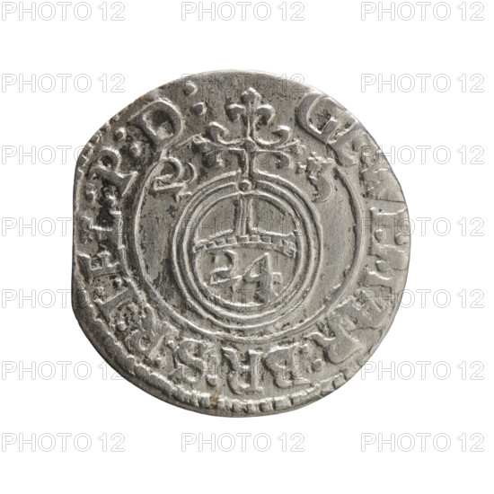 one and a half; Pfahler, Ernest; George William Hohenzollern (Elector of Brandenburg; Duke of Prussia; 1620–1640); cross (iconographic); orb of rule (iconographic); coats of arms. Obverse: Royal orb with a cross with arms terminating in finials; in the lower part of the orb the value numerals Z4; on the sides of the cross the date numerals Z–3; in the rim between the borders an inscription divided by a cross GE.WI:MAR:BR:S:R:I:EL:P:D:. Reverse: Under the ducal mitre a five-field coat of arms, below in the shield a value numeral 3; in the rim between the borders an inscription separated by the mitre and the value numeral and ending with the hallmark DIEV & MON – DROICT, 1623. Königsberg, Ducal Prussia (1525–1701). Coin: diameter 19.8 mm; weight 0.96 g; axis 0°.
