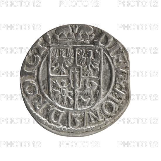 one and a half, Ernest Pfahler, George William Hohenzollern (Elector of Brandenburg; Duke of Prussia; 1620–1640), cross (iconographic), orb of rule (iconographic), coats of arms. Obv.: Royal orb with a cross whose arms terminate in finials; in the lower part of the orb the value numerals Z4; on the sides of the cross the date numerals Z-3; in the rim between the borders an inscription divided by a cross GE.WI:MAR:BR:S:R:I:EL:P:D:. Rev.: Under the ducal mitre a five-field coat of arms, below in the shield a value numeral 3; in the rim between the borders an inscription separated by the mitre and the value numeral and ending with the hallmark DIEV & MON - DROICT, 1623. Königsberg, Ducal Prussia (1525–1701). Coin. Diameter 19.8 mm; weight 0.96 g; axis 0°.