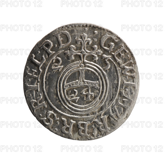 one and a half, Pfahler, Ernest, cross (iconographic), George William Hohenzollern (Elector of Brandenburg; Duke of Prussia; 1620-1640), orb of rule (iconographic), coats of arms. Obv. Royal orb with a cross with arms terminating in finials. In the lower part of the orb the value numerals Z4. On the sides of the cross the date numerals Z-3. In the rim between the borders an inscription divided by a cross: GE:WI:MAR:BR:S:R:I.EL.PD:. Rv. Under the ducal mitre a five-field coat of arms; below in the shield a value numeral 3. In the rim between the borders an inscription separated by the mitre and the value numeral and ending with the hallmark DIEV, N - DROICT, 1623. Ducal Prussia (1525-1701), Königsberg; coin. Diameter 19.7 mm, weight 0.91 g, axis 0 degrees.