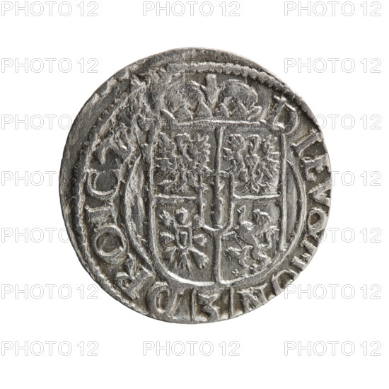one and a half, cross (iconographic), George William Hohenzollern (Elector of Brandenburg; Duke of Prussia; 1620–1640), orb of rule (iconographic), coats of arms. Obv.: Royal orb with a cross with arms terminating in finials. In the lower part of the orb the value numerals Z4. On the sides of the cross the date numerals Z-3. In the rim between the borders an inscription divided by a cross: GE:WI:MAR:BR:S:R:I.EL.PD:. Rev.: Under the ducal mitre a five-field coat of arms; below in the shield a value numeral 3. In the rim between the borders an inscription separated by the mitre and the value numeral and ending with the hallmark DIEV, N - DROICT, 1623. Ducal Prussia (1525–1701), Königsberg; coin. Diameter 19.7 mm, weight 0.91 g, axis 0 degrees.
