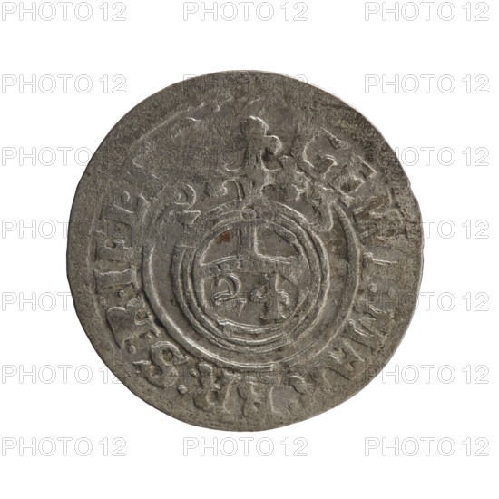 one and a half, Pfahler, Ernest, cross (iconographic), George William Hohenzollern (Elector of Brandenburg; Duke of Prussia; 1620-1640), orb of reign (iconographic), coats of arms. Obv. Royal orb with a cross with arms terminating in finials. In the lower part of the orb the value numerals Z4. On the sides of the cross the date numerals Z-3. In the rim between the borders an inscription divided by a cross GE:WI:MAR:BR:S:R:I EL. Rev. Under the ducal mitre a five-field coat of arms, below in the shield a value numeral 3. In the rim between the borders an inscription separated by the mitre and the value numeral and ending with the hallmark DIEV & MON - DROICT, 1623. Ducal Prussia (1525-1701), Königsberg, coin: diameter 20.0 mm, weight 1.17 g, axis 45 degrees.