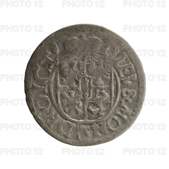 one and a half, Pfahler, Ernest, cross (iconographic), George William Hohenzollern (Elector of Brandenburg; Duke of Prussia; 1620-1640), orb of reign (iconographic), coats of arms. Obv. Royal orb with a cross with arms terminating in finials. In the lower part of the orb the value numerals Z4. On the sides of the cross the date numerals Z-3. In the rim between the borders an inscription divided by a cross GE:WI:MAR:BR:S:R:I EL. Rv. Under the ducal mitre a five-field coat of arms; below in the shield a value numeral 3. In the rim between the borders an inscription separated by the mitre and the value numeral and ending with the hallmark DIEV & MON - DROICT, 1623. Ducal Prussia (1525-1701), Königsberg; coin: diameter 20.0 mm, weight 1.17 g, axis 45 degrees.