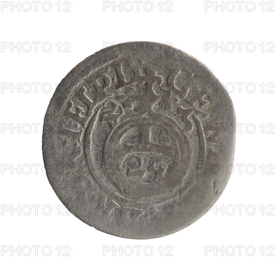 one-and-a-half, Pfahler, Ernest, cross (iconographic), George William Hohenzollern (Elector of Brandenburg; Duke of Prussia; 1620–1640), orb of reign (iconographic), coats of arms. Obverse: royal orb with a cross whose arms terminate in finials. In the lower part of the orb the value numerals Z4. On the sides of the cross the date numerals Z-3. In the rim between the borders an inscription divided by a cross GE:W, I:EL:P:D Rw. Under the ducal mitre a five-field coat of arms; below in the shield a value numeral 3. In the rim between the borders an inscription separated by the mitre and the value numeral and ending with the hallmark DIEV & MON - DROI, 1623. Ducal Prussia (1525–1701), Königsberg; coin. Diameter 19.7 mm, weight 0.92 g, axis 0°.