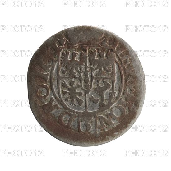 one-and-a-half, cross (iconographic), George William Hohenzollern (Elector of Brandenburg; Duke of Prussia; 1620-1640), orb of reign (iconographic), coats of arms. Obv. Royal orb with a cross with arms terminating in finials. In the lower part of the orb the value numerals Z4. On the sides of the cross the date numerals Z-3. In the rim between the borders an inscription divided by a cross GE:W, I:EL:P:D Rw. Under the ducal mitre a five-field coat of arms, below in the shield a value numeral 3. In the rim between the borders an inscription separated by the mitre and the value numeral and ending with the hallmark DIEV & MON - DROI, 1623. Ducal Prussia (1525-1701), Königsberg. Coin: diameter 19.7 mm, weight 0.92 g, axis 0 deg.