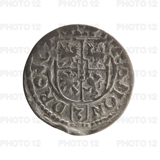 one-and-a-half, cross (iconographic), George William Hohenzollern (Elector of Brandenburg; Duke of Prussia; 1620–1640), orb of reign (iconographic), coats of arms. Obv.: Royal orb with a cross with arms terminating in finials; in the lower part of the orb the value numerals Z4; on the sides of the cross the date numerals Z-3; in the rim between the borders an inscription divided by a cross .GE, AR.BR.SRIE.L.PD. Rev.: Under the ducal mitre, a five-field coat of arms, below in the shield a value numeral 3; in the rim between the borders, an inscription divided by the mitre and the value numeral and ending with a hallmark, MON - DROI, 1623. Ducal Prussia (1525–1701), Königsberg; coin; diameter 19.3 mm; weight 0.98 g; axis 45 degrees.