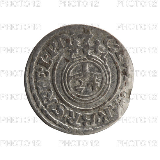 one-and-a-half, Pfahler, Ernest, cross (iconographic), George William Hohenzollern (Elector of Brandenburg; Duke of Prussia; 1620–1640), orb of reign (iconographic), coats of arms. Obverse: royal orb with a cross with arms terminating in finials; in lower part of orb the value numerals Z4; on the sides of the cross the date numerals Z-3; in the rim between the borders an inscription divided by a cross .GE, AR.BR.SRIE.L.PD. Reverse: under the ducal mitre, a five-field coat of arms, below in the shield a value numeral 3; in the rim between the borders, an inscription divided by the mitre and the value numeral and ending with a hallmark, MON - DROI, 1623. Ducal Prussia (1525–1701), Königsberg; coin; diameter 19.3 mm; weight 0.98 g; axis 45 degrees.