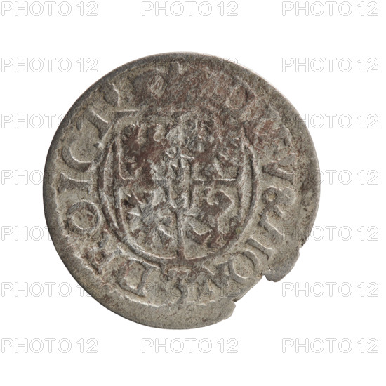 one and a half, Pfahler, Ernest, George William Hohenzollern (Elector of Brandenburg; Duke of Prussia; 1620–1640), cross (iconographic), orb of rule (iconographic), coats of arms. Obv. Royal orb with a cross with arms terminating in finials. In the lower part of the orb the value numerals Z4. On the sides of the cross the date numerals Z-3. In the rim between the borders an inscription divided by a cross G, I:MAR:BR:S:R:, L.PD: Rw. Under the ducal mitre a five-field coat of arms, below in the shield a value numeral 3. In the rim between the borders an inscription separated by the mitre and the value numeral and ending with the hallmark D, V & MON - DROICT, 1623. Ducal Prussia (1525–1701), Königsberg, coin: diameter 20.0 mm, weight 0.84 g, axis 300 degrees.
