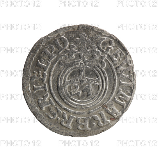 one and a half, Pfahler, Ernest, orb of rule (iconographic), cross (iconographic), George William Hohenzollern (Elector of Brandenburg; Duke of Prussia; 1620-1640), coats of arms. Obv.: Royal orb with a cross with arms terminating in finials; in the lower part of the orb, value numerals Z4; on the sides of the cross, date numerals Z-3; on the rim between the borders, an inscription divided by a cross GE.WI.MAR.BR.SRIE.L.PD. Rv.: Under the ducal mitre, a five-field coat of arms, below in the shield the value numeral 3; on the rim between the borders, an inscription divided by the mitre and the value numeral and terminated with the hallmark DIEV, MON - DROICT, 1623. Ducal Prussia (1525–1701), Königsberg. Coin: diameter 19.8 mm, weight 1.05 g, axis 0 degrees.