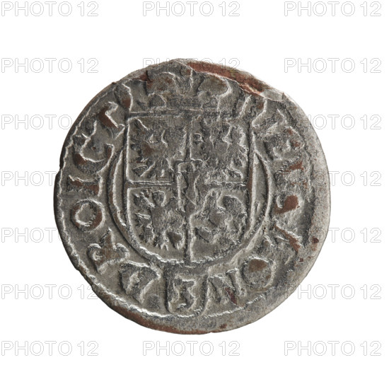 one and a half, Pfahler, Ernest, orb of rule (iconographic), cross (iconographic), George William Hohenzollern (Elector of Brandenburg; Duke of Prussia; 1620–1640), coats of arms. Obv.: Royal orb with a cross with arms terminating in finials; in the lower part of the orb, value numerals Z4; on the sides of the cross, date numerals Z-3; on the rim between the borders, an inscription divided by a cross GE.WI.MAR.BR.SRIE.L.PD. Rev.: Under the ducal mitre, a five-field coat of arms; below in the shield the value numeral 3; on the rim between the borders, an inscription divided by the mitre and the value numeral and terminated with the hallmark DIEV, MON - DROICT, 1623. Ducal Prussia (1525–1701), Königsberg. Coin: diameter 19.8 mm, weight 1.05 g, axis 0 degrees.
