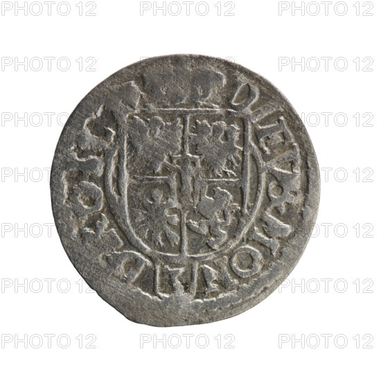 One and a half; maker: Ernest Pfahler. Coin (Ducal Prussia, Königsberg), 1623. Obverse: royal orb with a cross whose arms terminate in finials; lower part of orb shows value numerals 'Z4'; date numerals 'Z-3' on sides of the cross; rim between borders bears an inscription divided by a cross '.GE.WI.MAR.BR SRIE.L, D. Rw.' Reverse: under the ducal mitre, a five-field coat of arms; below in the shield the value numeral '3'; rim inscription divided by the mitre and the value numeral, ending with the hallmark 'DIEV & MON - DROI'. Axis 180°. Diameter 22.0 mm, weight 1.01 g.