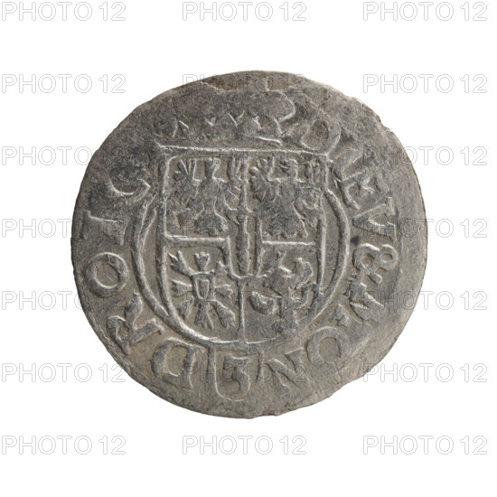 one and a half, cross (iconographic), George William Hohenzollern (Elector of Brandenburg; Duke of Prussia; 1620-1640), orb of rule (iconographic), coats of arms. Obv.: Royal orb with a cross with arms terminating in finials. In the lower part of the orb the value numerals Z4. On the sides of the cross the date numerals Z-3. In the rim between the borders an inscription divided by a cross GE:W, AR:BR:S:R:, PD Rw. Rev.: Under the ducal mitre a five-field coat of arms; below in the shield a value numeral 3. In the rim between the borders an inscription separated by the mitre and the value numeral and ending with the hallmark DIEV &, ON - DROI, 1623. Ducal Prussia (1525–1701), Königsberg; coin. Diameter 20.0 mm, weight 0.95 g, axis 60°.