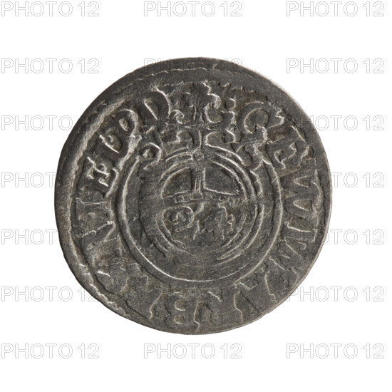 One and a half, Pfahler, Ernest, cross (iconographic), orb of rule (iconographic), George William Hohenzollern (Elector of Brandenburg; Duke of Prussia; 1620–1640), coats of arms. Obv.: Royal orb with a cross with arms terminating in finials. In the lower part of the orb, value numerals Z4. On the sides of the cross, date numerals Z-3. In the rim between the borders, an inscription divided by a cross: .GEWI.MARB, RIE.L.PD. Rw. Rev.: Under the ducal mitre, a five-field coat of arms; below in the shield, the value numeral 3. In the rim between the borders, an inscription divided by the mitre and the value numeral and terminated with the hallmark: & MON - D, OICT, 1623. Ducal Prussia (1525–1701), Königsberg. Coin; diameter 20.0 mm; weight 1.01 g; axis 135 degrees.