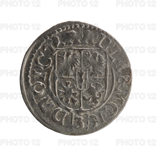 one and a half, Pfahler, Ernest, cross (iconographic), orb of rule (iconographic), George William Hohenzollern (Elector of Brandenburg; Duke of Prussia; 1620-1640), coats of arms. Obv.: Royal orb with a cross with arms terminating in finials. In the lower part of the orb, value numerals Z4. On the sides of the cross, date numerals Z-3. In the rim between the borders, an inscription divided by a cross .GEWI.MARB, RIE.L.PD. Rw.: Under the ducal mitre, a five-field coat of arms; below in the shield, the value numeral 3. In the rim between the borders, an inscription divided by the mitre and the value numeral and terminated with the hallmark, & MON - D, OICT, 1623. Ducal Prussia (1525–1701), Königsberg; coin. Diameter 20.0 mm; weight 1.01 g; axis 135 degrees.