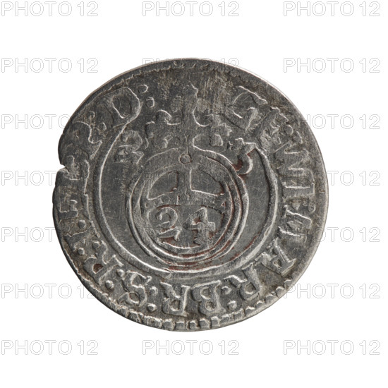 one and a half, Pfahler, Ernest, cross (iconographic), orb of rule (iconographic), George William Hohenzollern (Elector of Brandenburg; Duke of Prussia; 1620-1640), coats of arms. Obv.: Royal orb with a cross with arms terminating in finials. In the lower part of the orb the value numerals Z4. On the sides of the cross the date numerals Z-3. In the rim between the borders an inscription divided by a cross GE:WI:MAR:BR:S:R:I:EL:P:D:. Rev.: Under the ducal mitre a five-field coat of arms; below in the shield a value numeral 3. In the rim between the borders an inscription separated by the mitre and the value numeral and ending with the hallmark DIE, & MON - DROICT, 1623. Ducal Prussia (1525-1701), Königsberg; coin. Diameter 20.0 mm; weight 1.02 g; axis 0 deg.